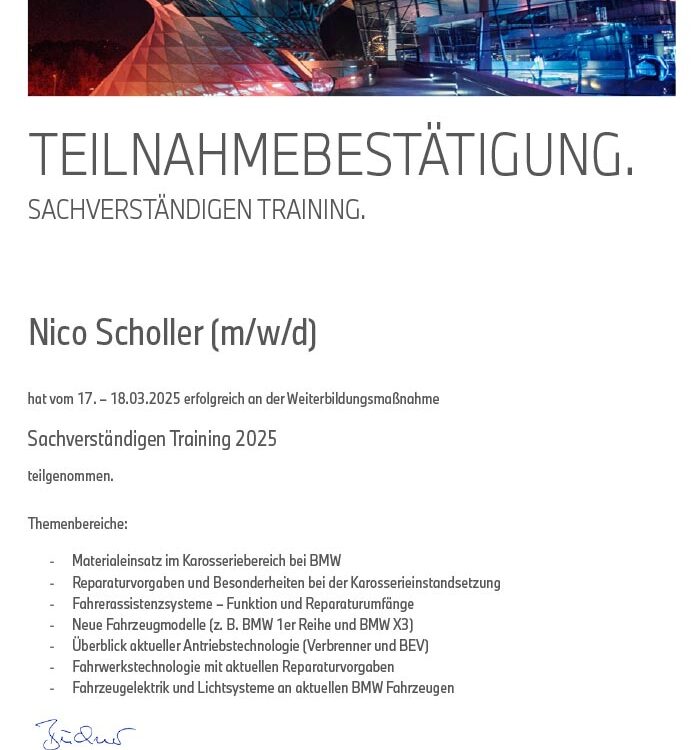 Zertifikat Scholler BMW Training